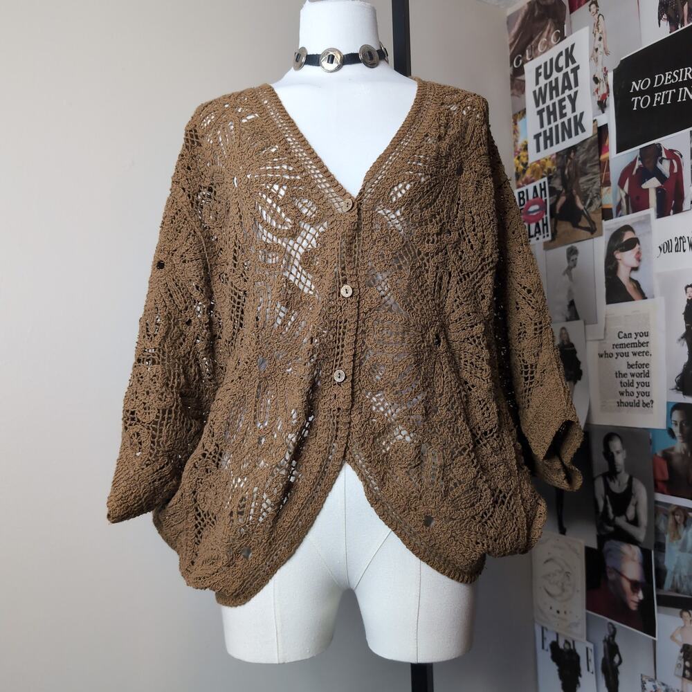 Brown Crochet Knit Button Front Boho Cardigan
